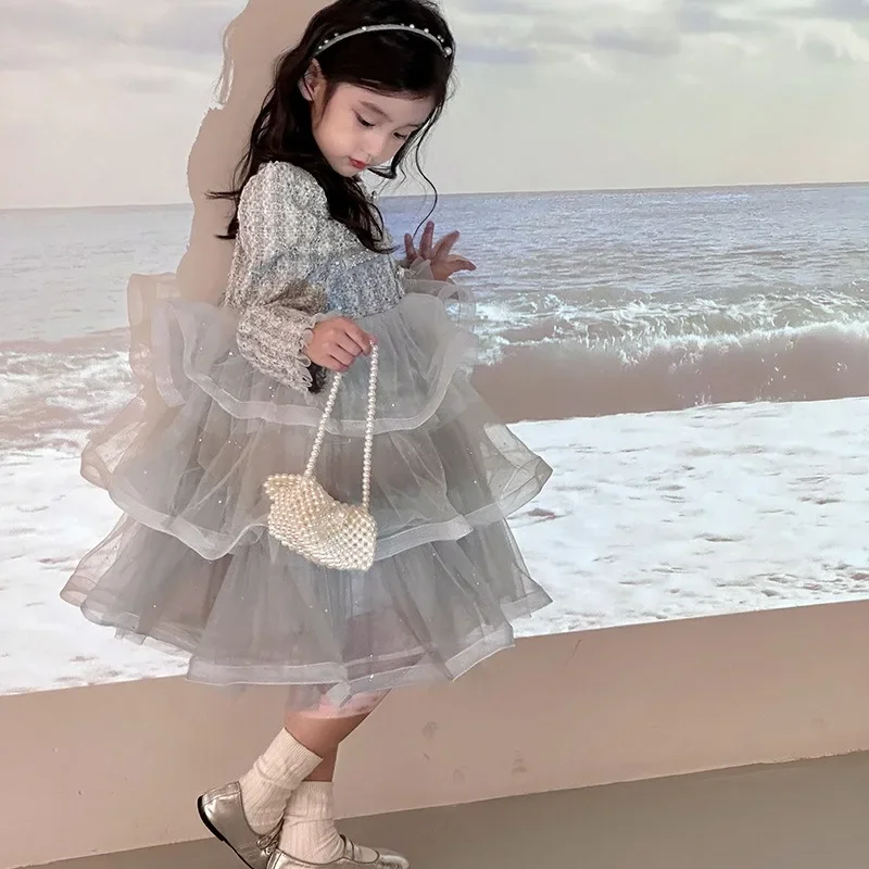 Girls Autumn Winter One Piece Dress Cake Dress Full Sleeve Sweet Fashion Outdoor Party Blink Soft