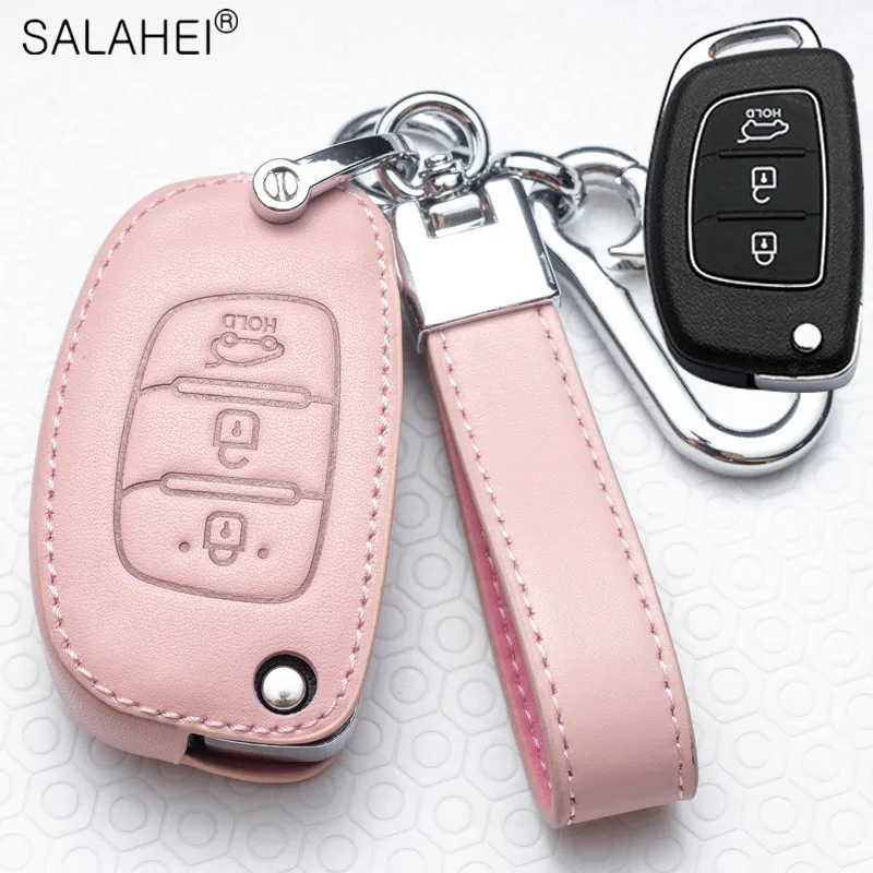 Leather Car Key Case Cover for Hyundai Creta I40 I20 IX25 IX35 IX45 I10 I30 HB20 Elantra Solaris Sonata Santa Fe Tucson Accent 4