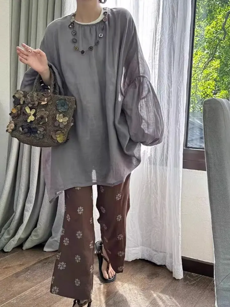 Ele Retro Lantern Sve irt Haut de protection solaire mi-long ample et décontracté pour femme pour l'été 2025