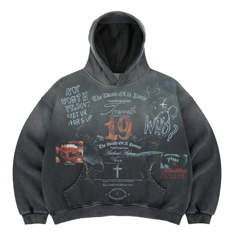 Men Washed Black Vintage Hoodie Autumn Winter Fleece Lined Warm Graphic Print Oversized Hooded Sweatshirt