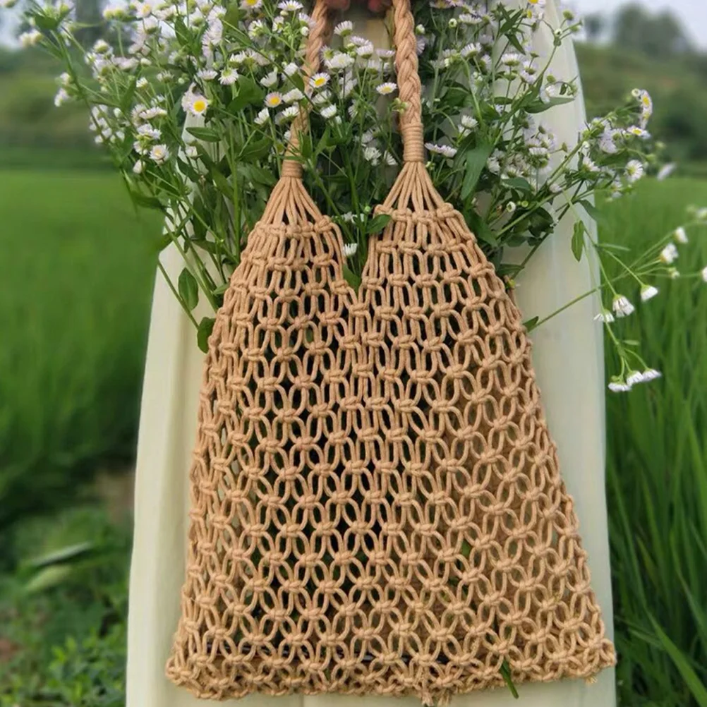 Grid Beach Bag The Tote Crochet Straw Summer Cotton Rope Woven Shopping Bags Trendy Handbag