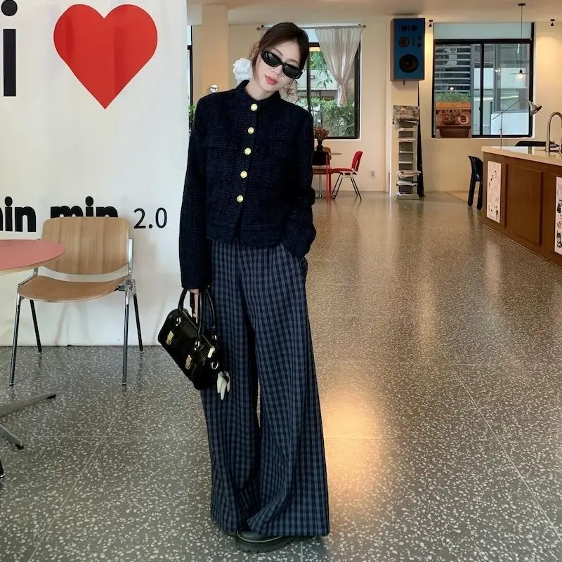 2024 Korean Ins Black Stand Collar Elegant Woolen Coat for Women Autumn/Winter Loose Slim Fit Top Checkered Pants Two-piece Set