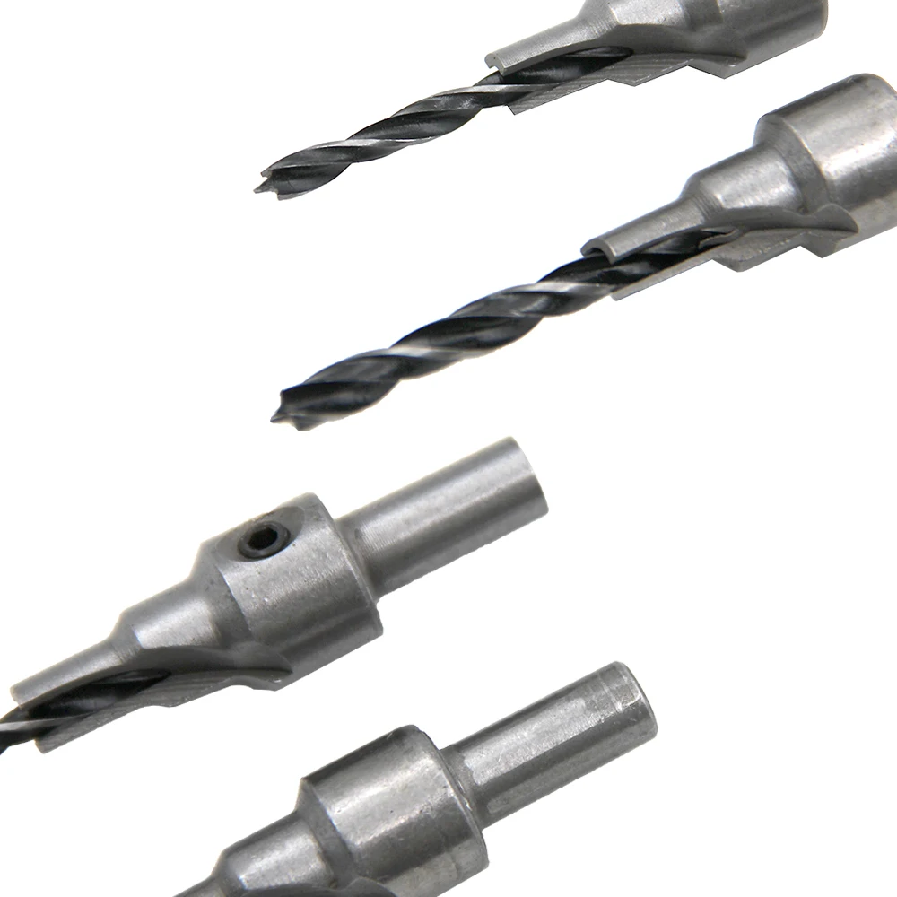 2PC Two Edge Three Step Woodworking Three Point Countersunk Hole Drill 4/5mm Self Centering Cone Hole Drill Bit Wrench Tool Set