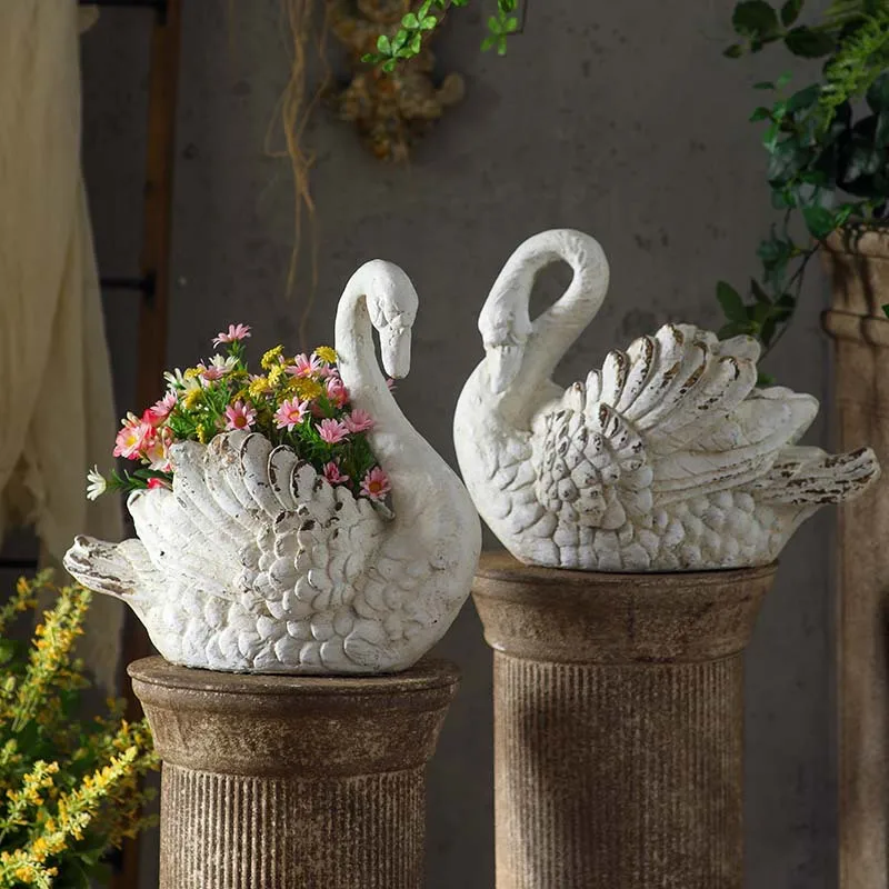 French court style tabletop ornament outdoor garden swan flower pot Roman column old decoration household potted plants