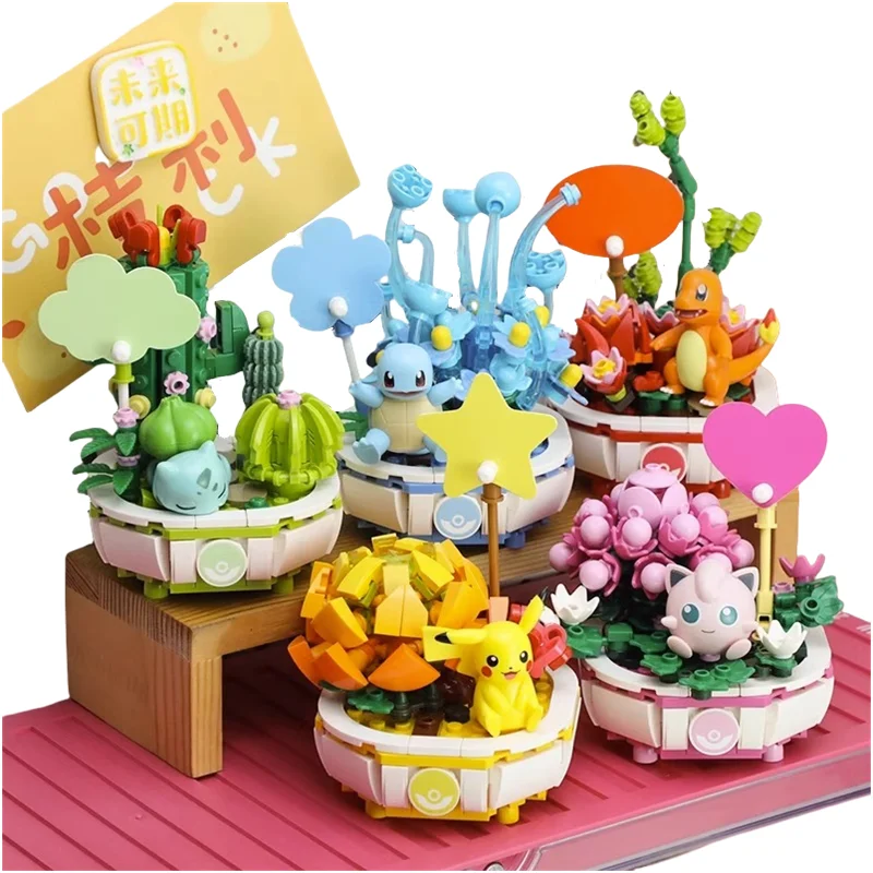 Pokemon Building Block Pikachu Charmander Squirtle Model Toy Home Decoration Plant Potted Flower Brick Girl Toy Child Gift