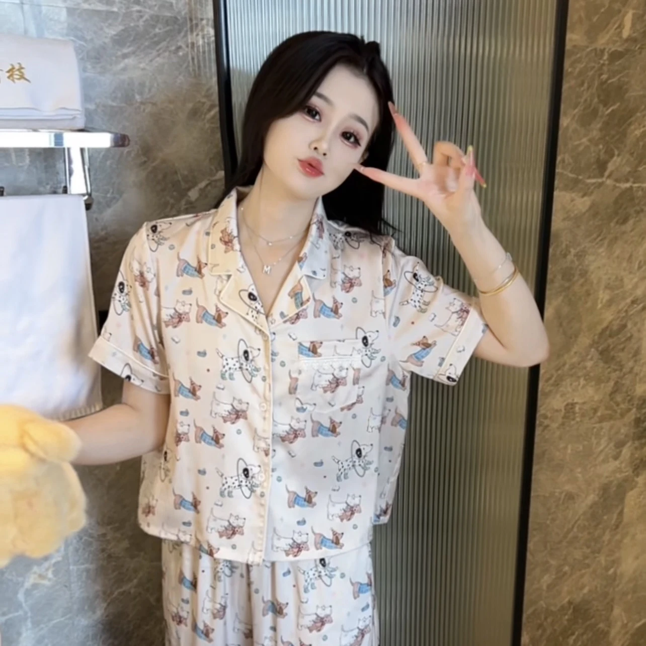 Japanese Small Fresh Cute Puppy Ice Silk Short-sleeved Pajamas Women's Three-piece Set Summer New Cool Breathable Loungewear