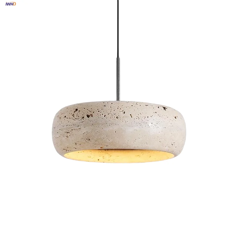 

IWHD Black Iron LED Pendant Lamp Nordic Modern Reading Bar Hallway Wabi Sabi Home Decor Yellow Travertine Hanging Light Fixture