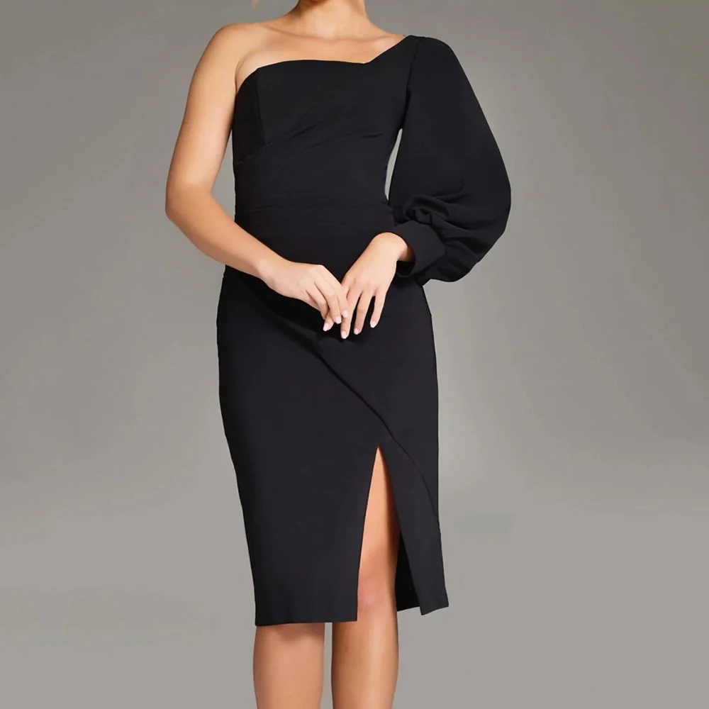 

Women's Straight Cocktail Dresses Knee-length One-shoulder Full Sleeve Prom Gown Simple Fashion Side-split Customized Gowns