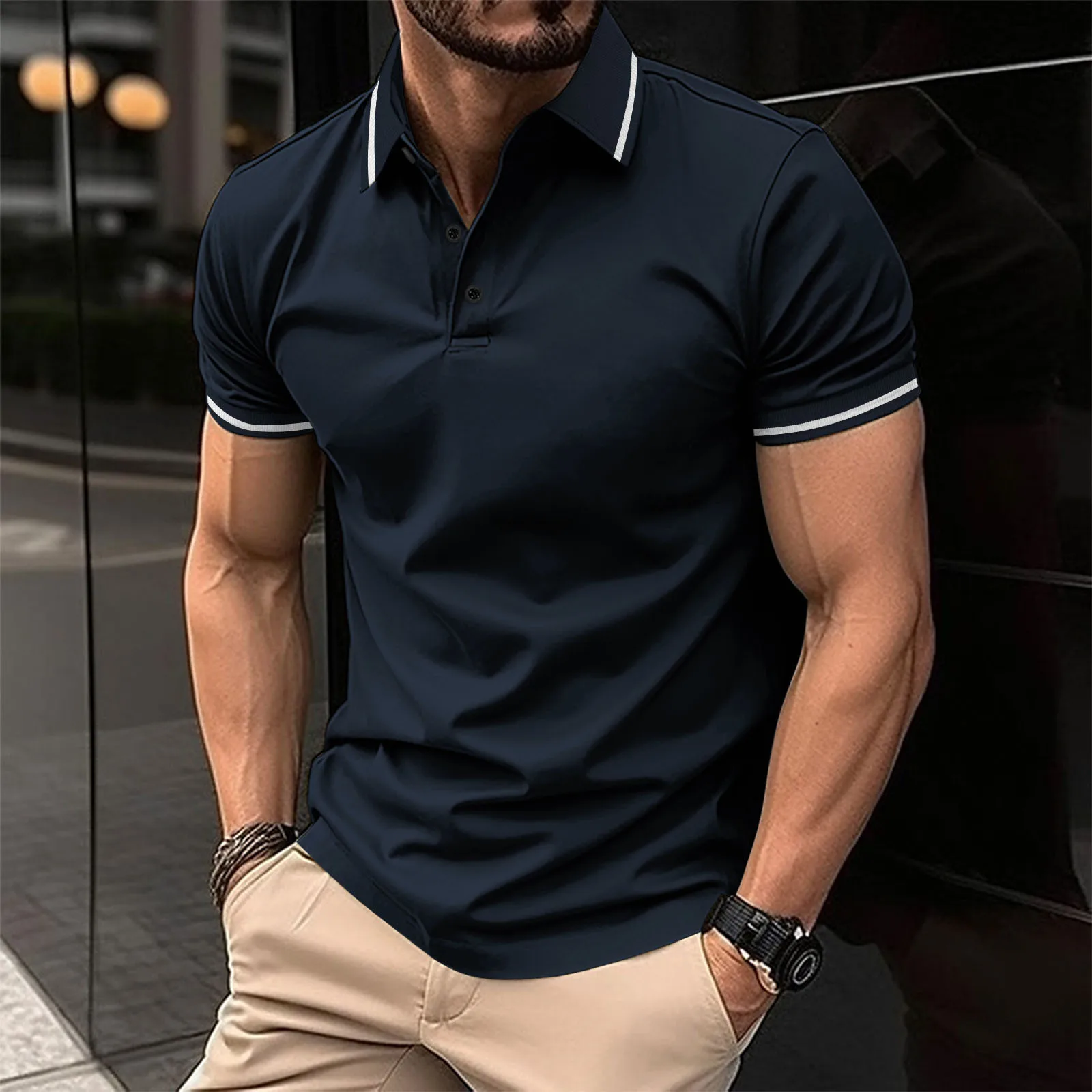 Men's color-blocked trimmed Polo shirt - short sleeve, casual style, buttoned front design, versatile for daily wear