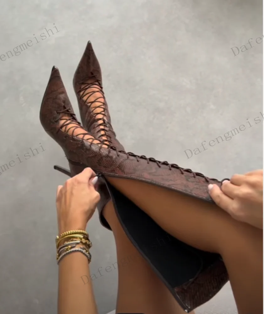 Women Snake Print Knee High Boots Pointed Toe Lace Up Stiletto Heel Boots Side Zipper Hollow Leather Boots Sexy Club Footwear