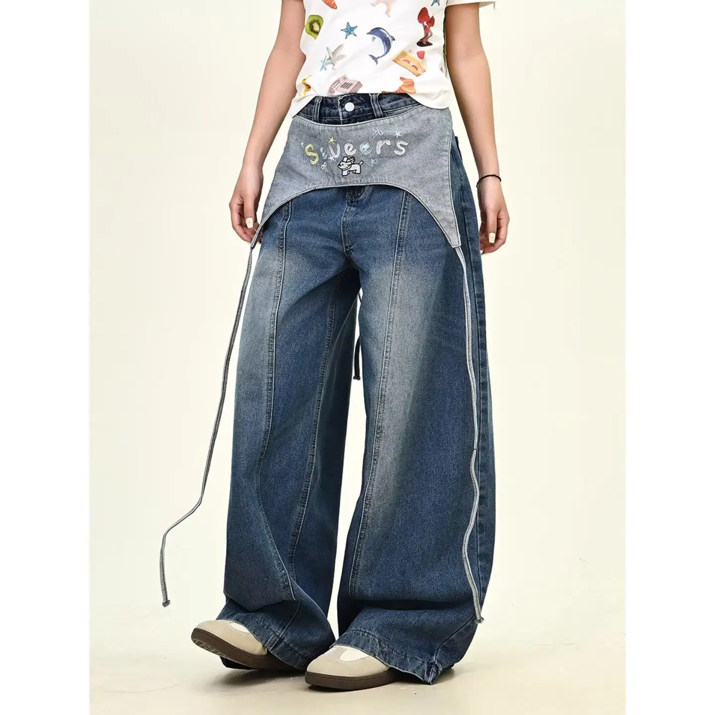 

Embroidered Waist Denim Skirt Panelled Knife Design Wide Leg Pants Women's Fashionable Patchwork Denim Jeans