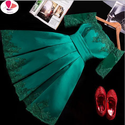 Fashion Dark Green/Blue Party Dresses Short Cheap APIPEE Dress Scalloped Satin Lace-Up Built-In Bra Sexy Evening Party Gowns