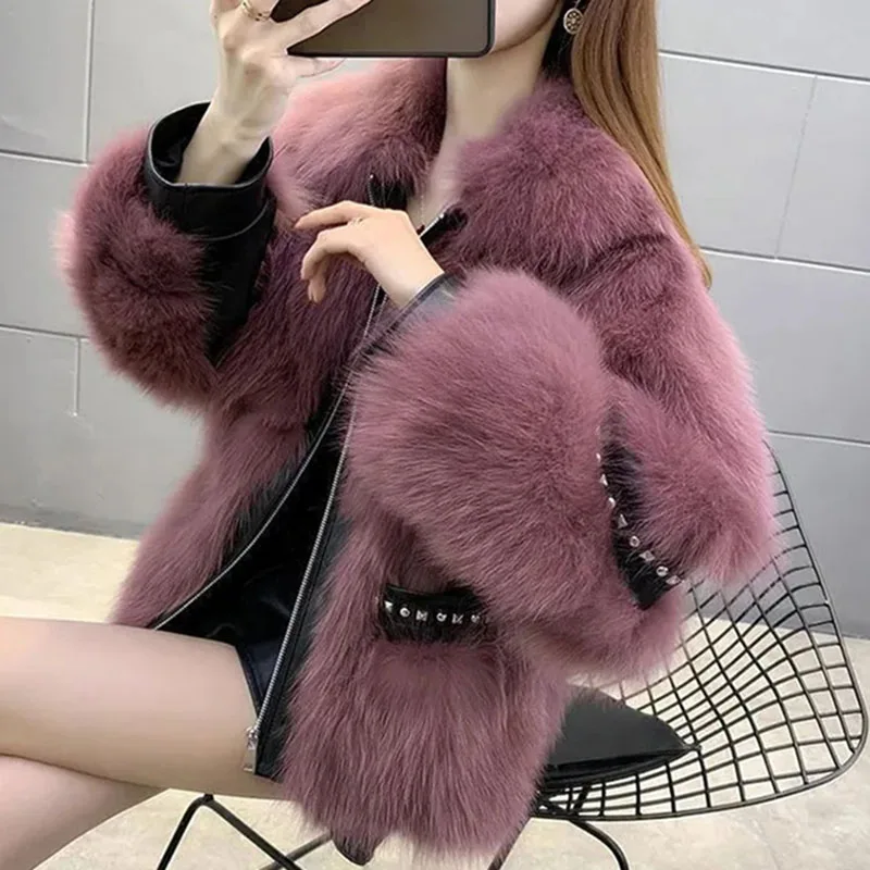 Korean Women Fashion High End Faux Fur Tops Outwear 2025 Lady Long Sleeved Fur Coat Winter Female Casual Patchwork Plush Jacket
