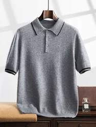 Men's Cashmere Polo T-shirt Smart Casual Short Sleeve Pullover Sweater Summer Autumn 100% Cashmere Knitwear Korean Fashion Tops