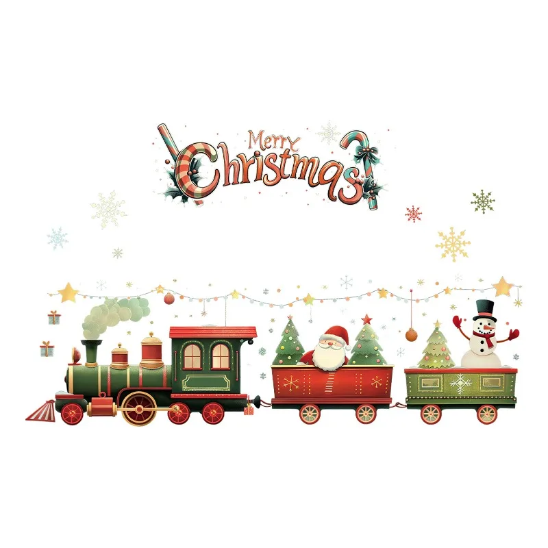 Santa Train Christmas Wall Stickers Removable Self-Adhesive For Kids Room Restaurant Shop Decor