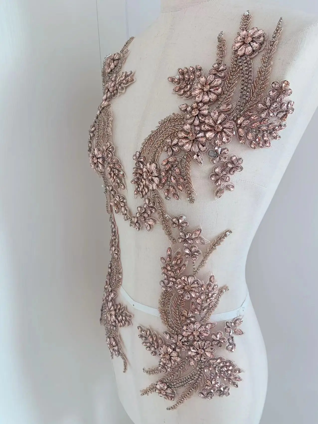 1 Pair Rose Gold Crystal Bodice Applique Sparkle Flower Rhinestone Patch for Costume,Wedding Dress Supplies,Couture,Corset