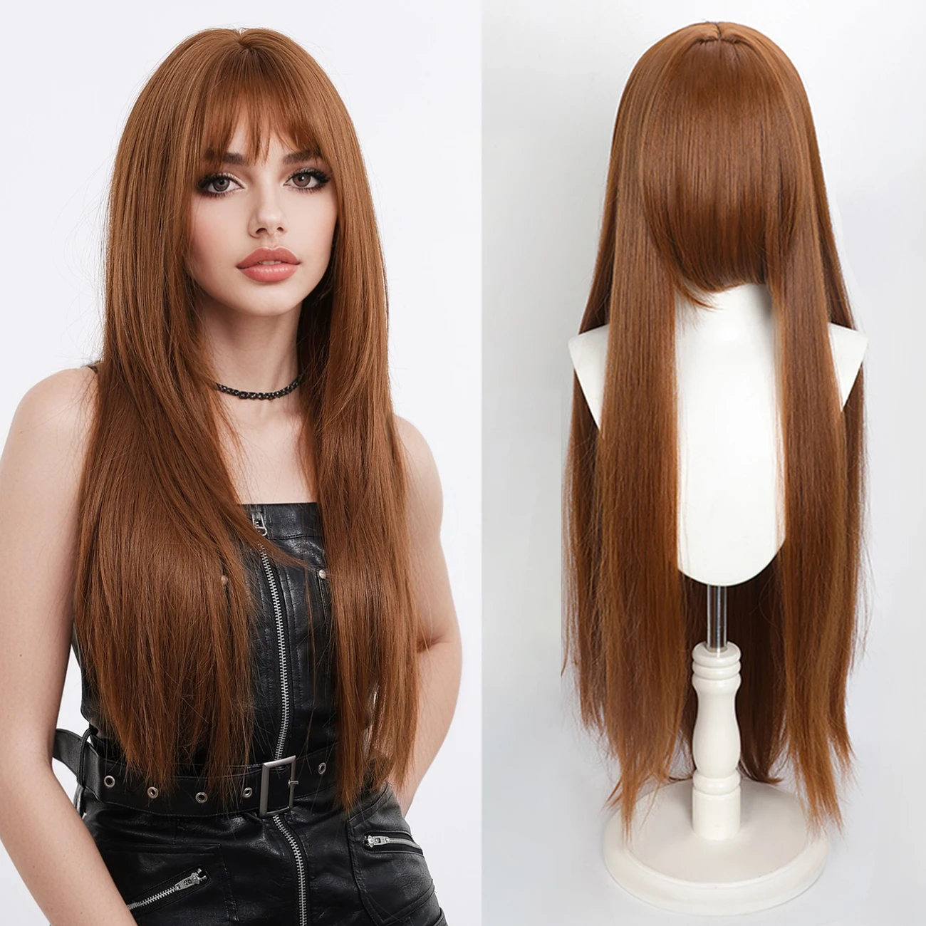 

26 Inch Straight Hair Wig Long Synthetic Wig With Bangs Middle Parted Layered Wig Realistic Scalp Breathable,Heat Resistant Hair