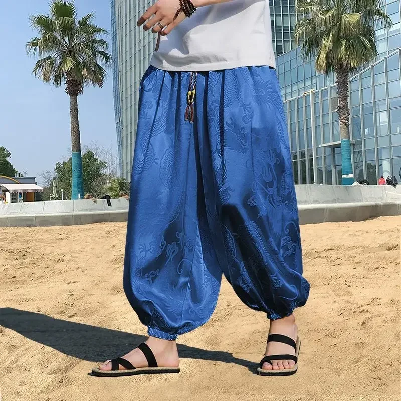 Summer Chinese Style Satin Dragon Jacquard Lantern Harem Pants Men's Clothing Casual Loose Tang Suit Wide Leg Pants Kung Fu