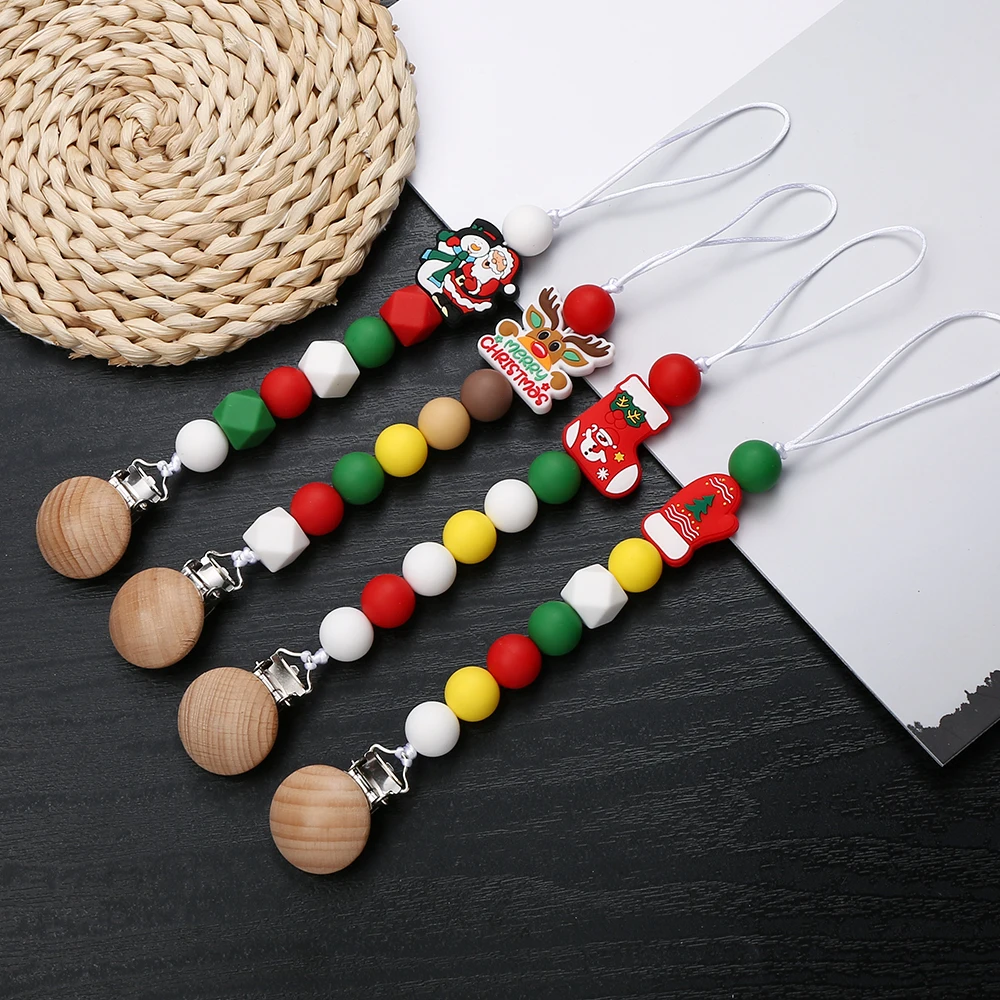 Cartoon Baby Pacifier Holder Clip Wood Crochet Christmas Beads Silicone Soother Teething Chain Nursing Chew Toy Baby Dummy Chain