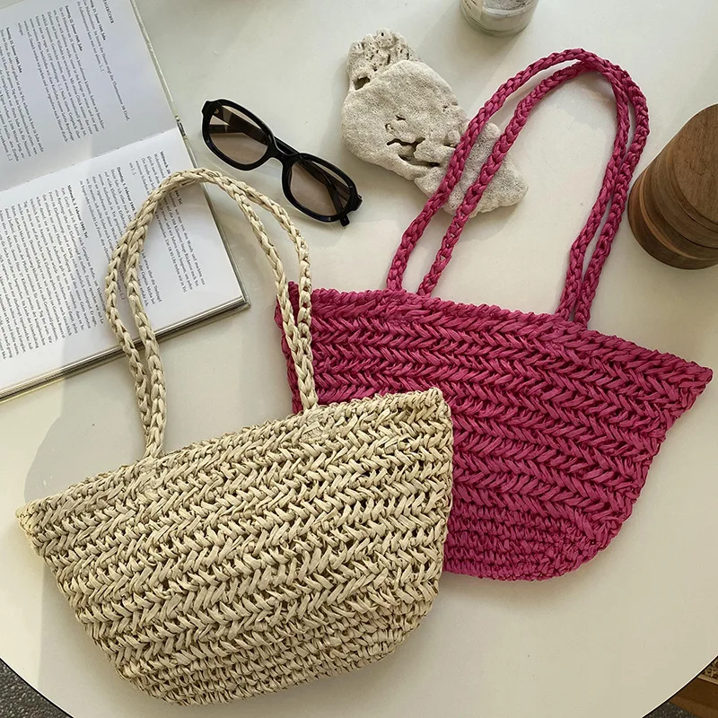 Beach Designer Handbags Solid Women Straw Plaited Article Shoulder Bag Travel Vacation Beach Bag Aesthetic Pouch Tote Ladies