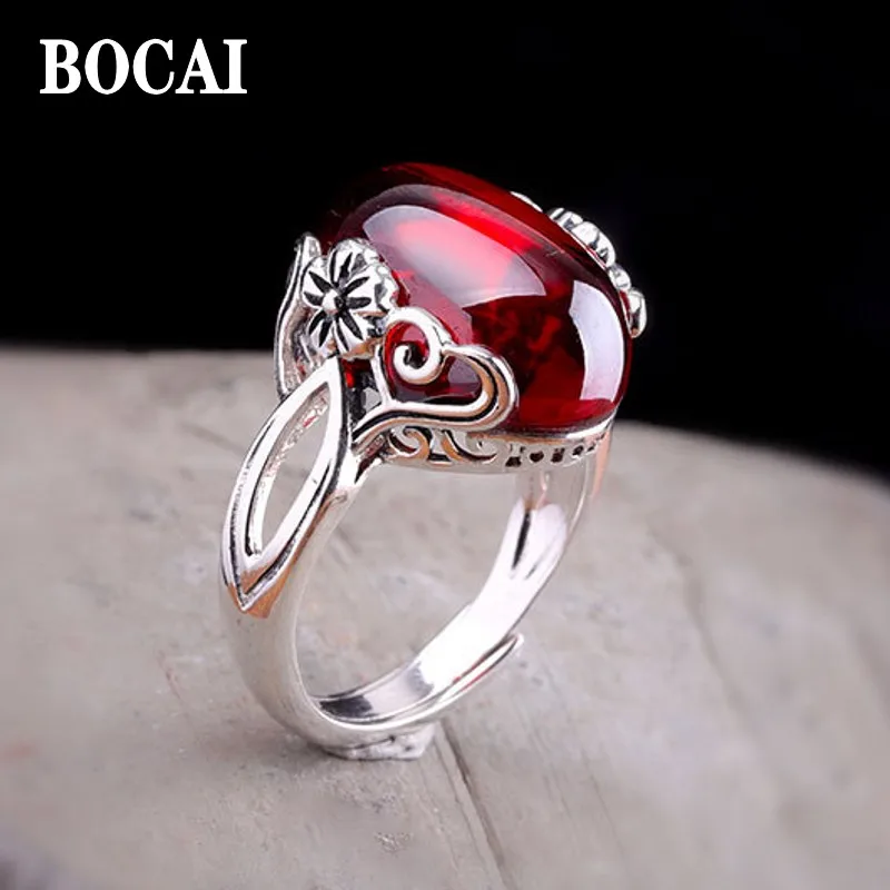 

BOCAI Real S925 Silver Jewelry Retro National Style Flower Blue Sandstone Ring for Woman Mother Gift