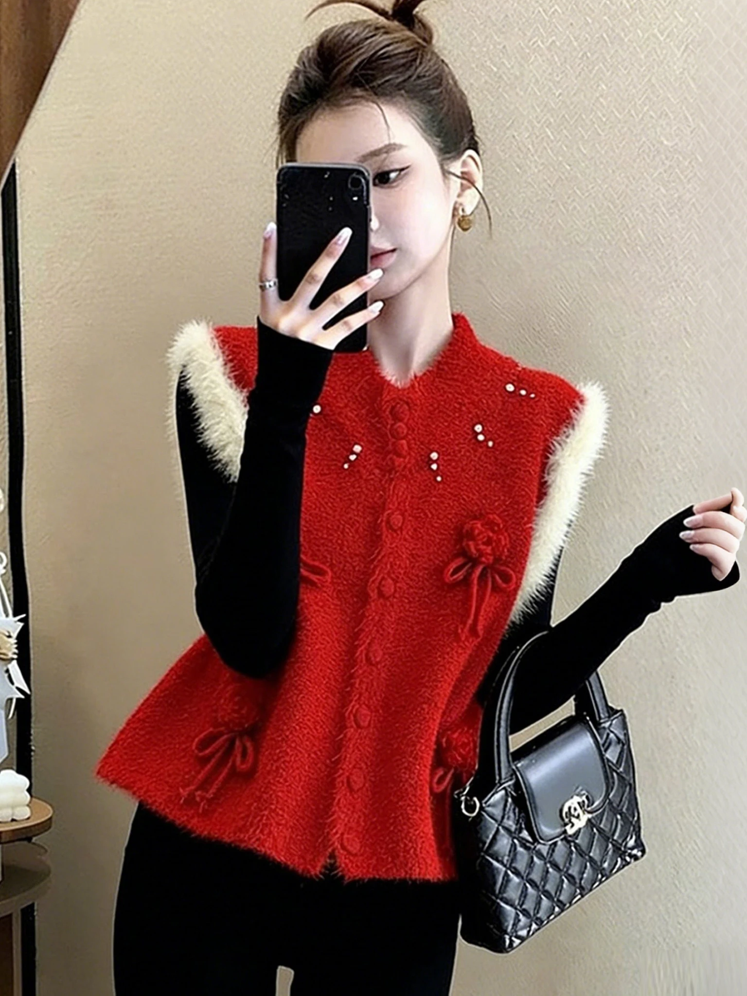 

Faionable Красный вязаный жилет с 3D цветочным дизайном Ele Color Blo Commute Sle для молодых женщин Свободный крой круглый Ne Button up