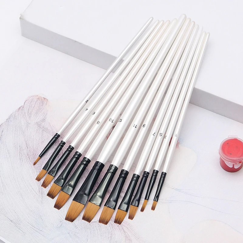 12 pcs/set Nylon Hair Wooden Handle Watercolor Paint Brush Pen Set Learning DIY Oil Acrylic Painting Art Paint Brushes Supplies