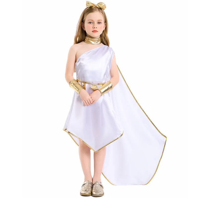 Disfraz de diosa griega antigua para niños y mujeres, vestido de fantasía para fiesta de Halloween, princesas romanas blancas, Purim