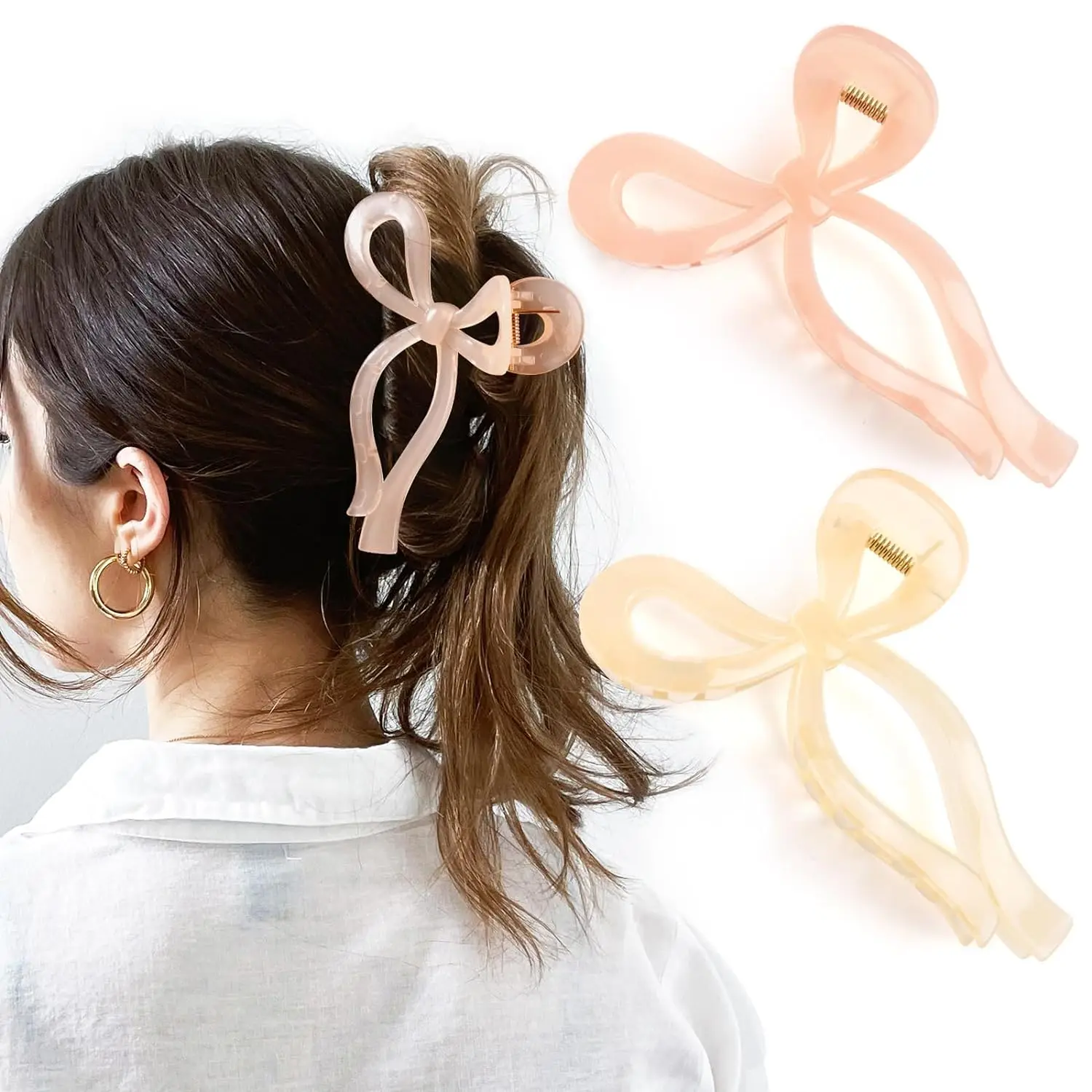 Bows Claw Clips Hair Bows for Women Hair Ribbon 5 Inch Hair Clips Trendy Claw Clips for Thick Hair Pink Ribbon Clips White