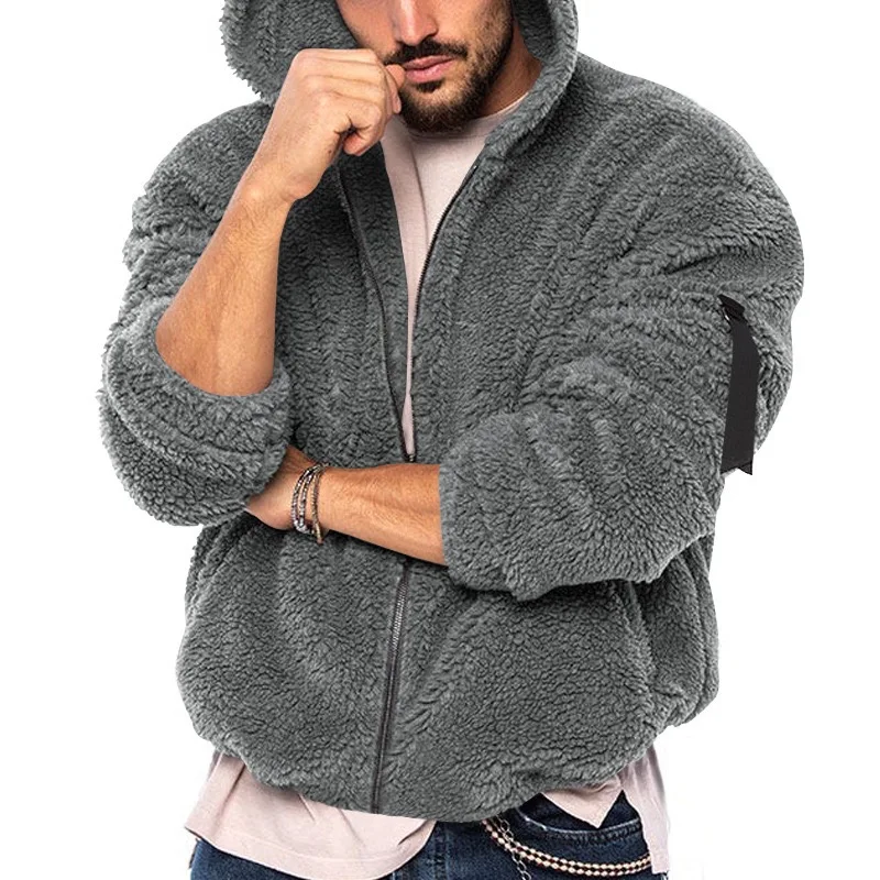 Men's Winter Zipper Fleece Hooded Jacket Vintage Casual Streetwear Loose Solid Color Hoodie with Pockets Leisure Fashion Coat