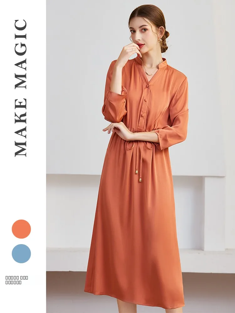 

Tie Waist Long Silk Dr Women's V-ne Seven-quarter Sve Ele Floor-length Gown Autumn Season X-aped Silhouette