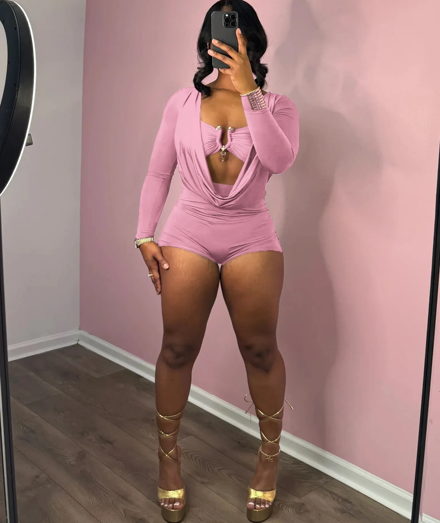 Jumpsuits for Women Sexy Deep V Neck Long Sleeve Romper Solid Color Bodycon Shorts Jumpsuit Club Wear One Piece Going Out Outfit