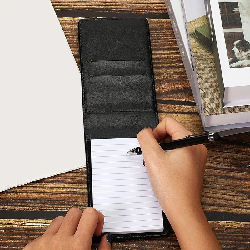 2 Pcs Black Mini Pocket Notepad Pu Business Notebook Notepad Multi-Function Notebook With Pen With 50 Lined Sheets