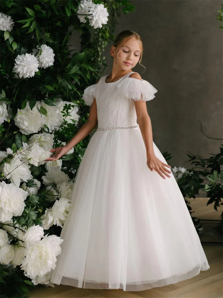 New Arrival Round Neckline Drop-Down Tulle Sleeves Lace A-Line Flower Girl Dress Elegant Open Back Zipper Floor Length Gown 2024