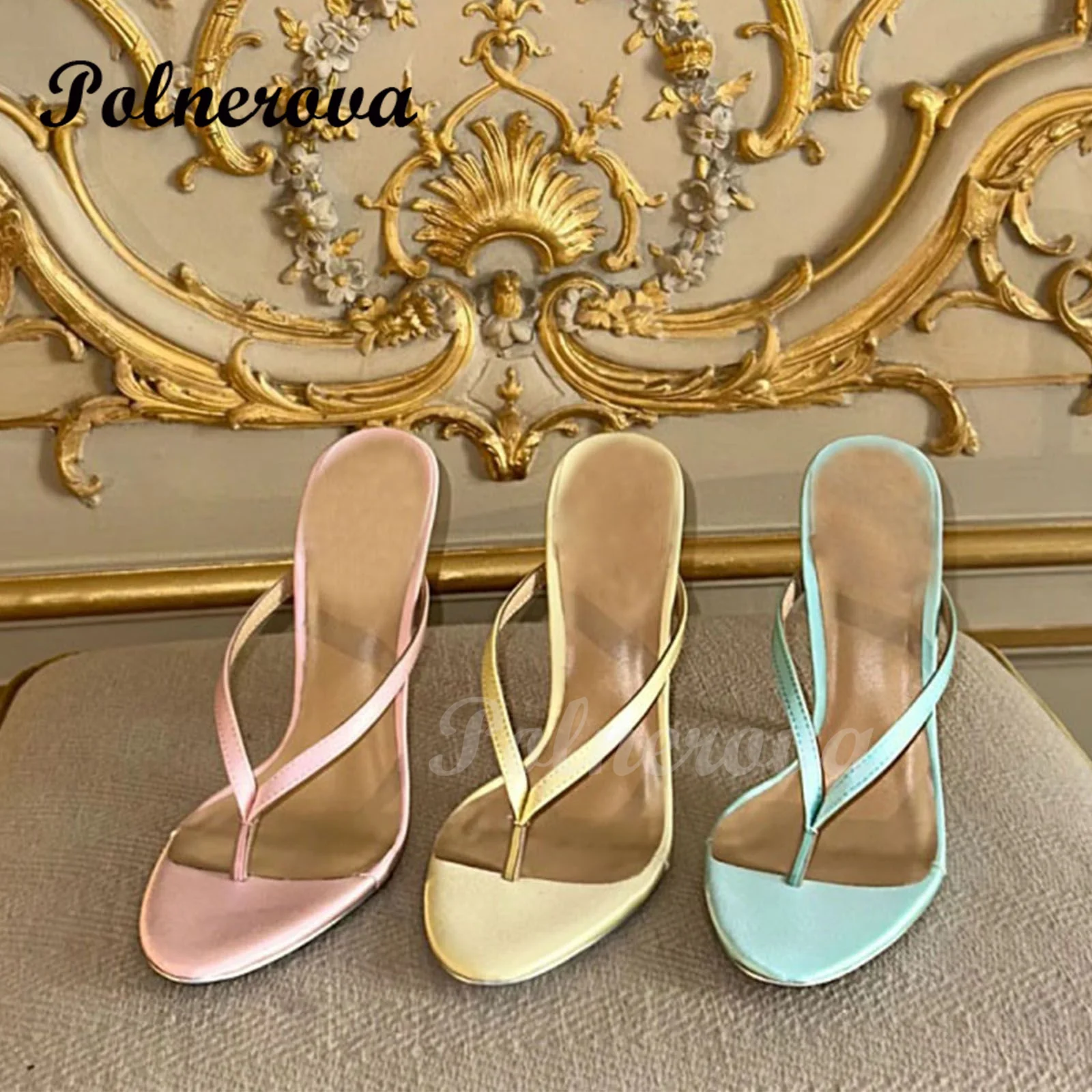 

Candy Color Satin Flip Flops for Women Round Toe Stiletto Heels Slip On Mules Slippers Women Summer Sandalias De Mujer Verano
