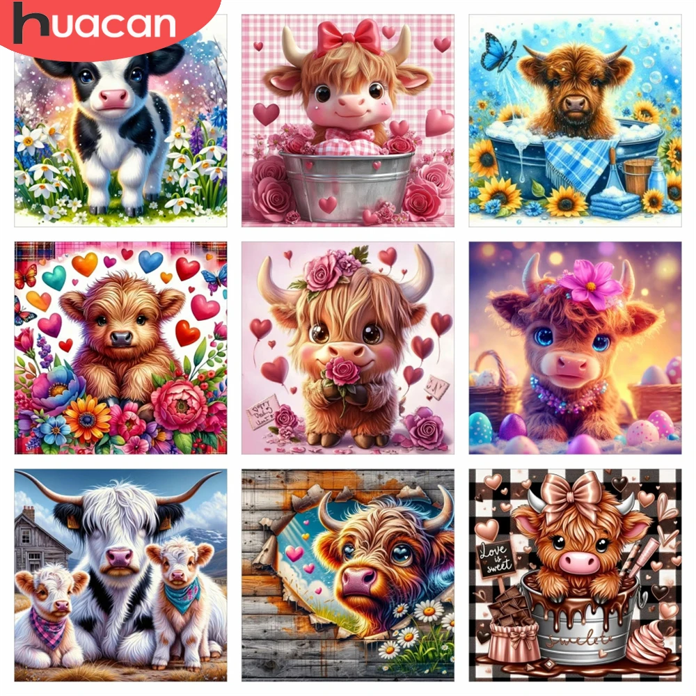 HUACAN Vollflächiges Diamant-Mosaik: Kuh-Tiermotiv, quadratisch/rund, Blumen-Cartoon, handgemachte Strass-Kunst