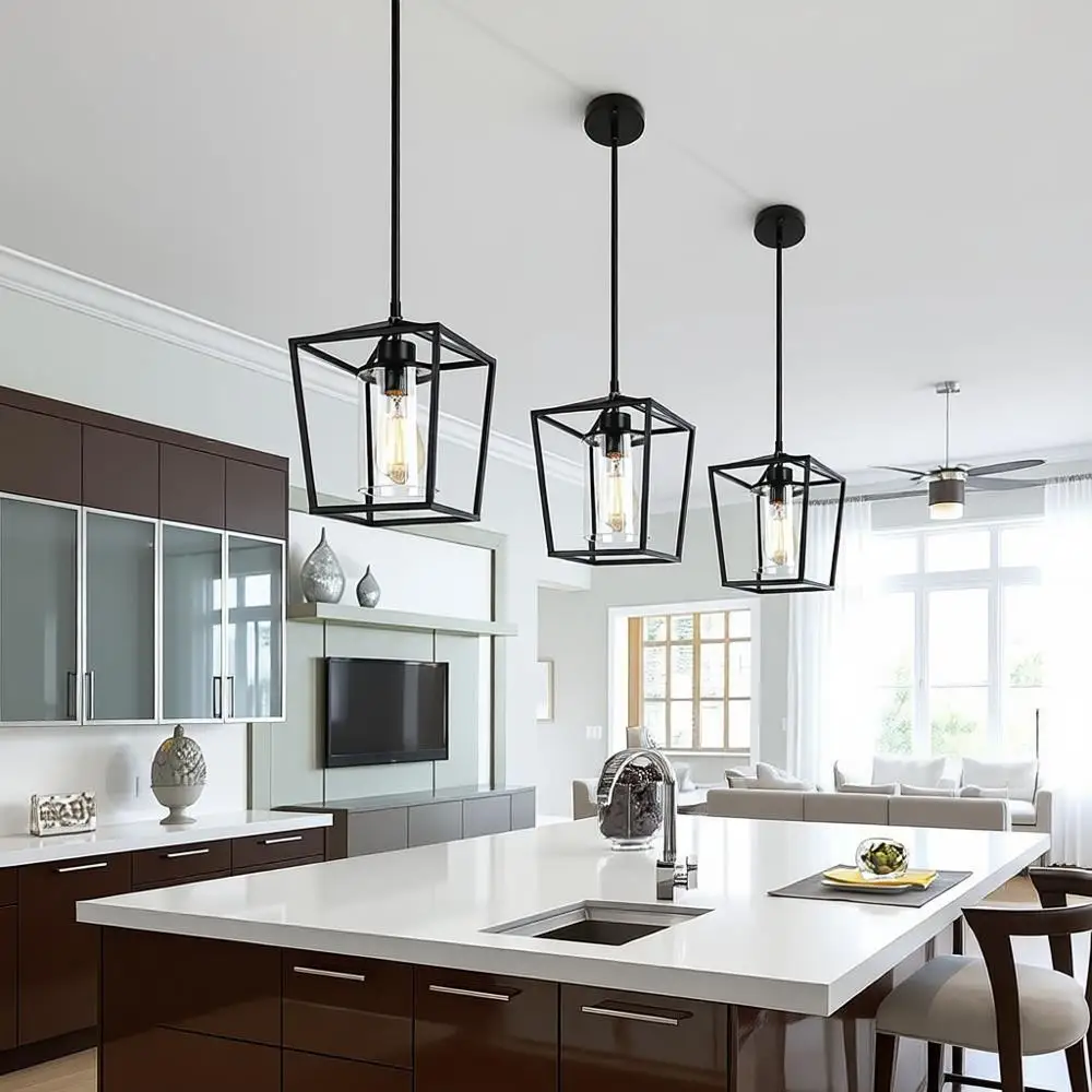 

Black Metal Cage Pendant Light with Clear Glass Shade, Suitable for Kitchen Island, Entryway, Dining Room, and Hallway, 5.9x5.9x