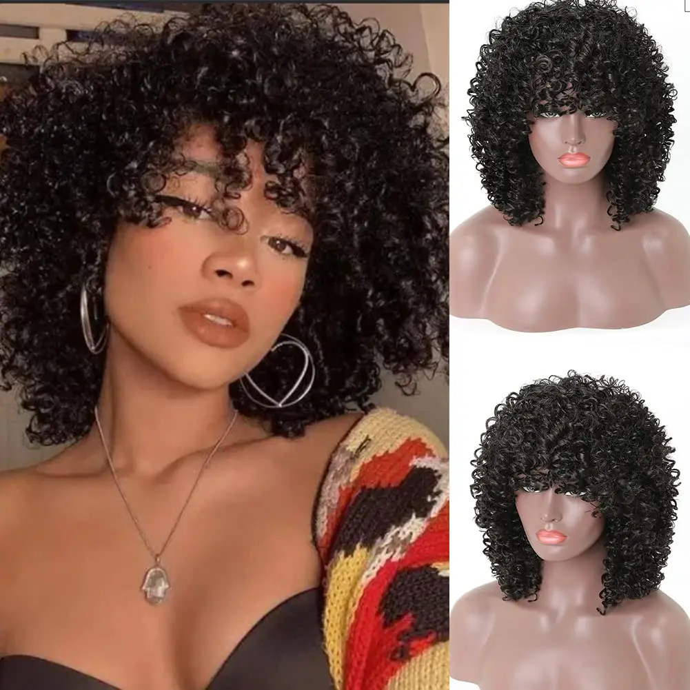 Belle Show Synthetic Kinky Curly Wig Short Glueless Dark Brown Cosplay Party Afto Fluffy Women Wig With Bangs