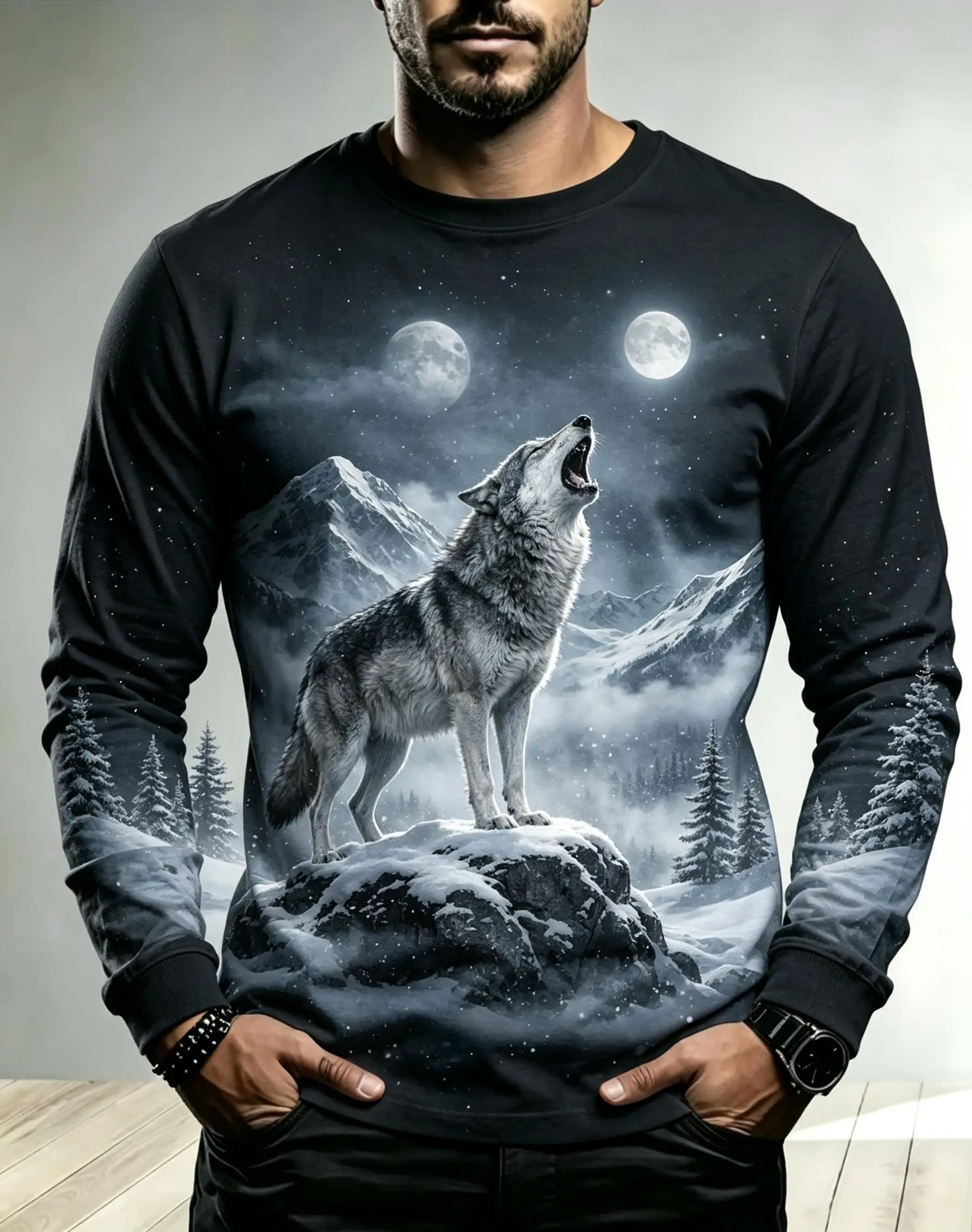Men Crew Neck Long Sleeve T-shirt, Dark Gray Wolf Howling Moon Snow Mountain Pine Forest Print Casual Top