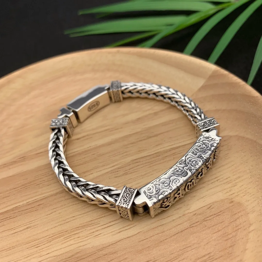 Fashion brand ornament sterling silver Thai silver bracelet vintage six word mantra hemp rope bracelet personality fashion Men