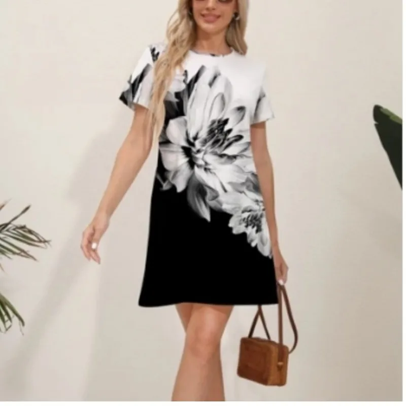 Vestido Mini Elegante Kwiatowy Szlafrok Letni Damski Krótki Rękaw Okrągły Dekolt Nadruk Mini Sukienki Przezroczysta I Słodka Sukienka A-line