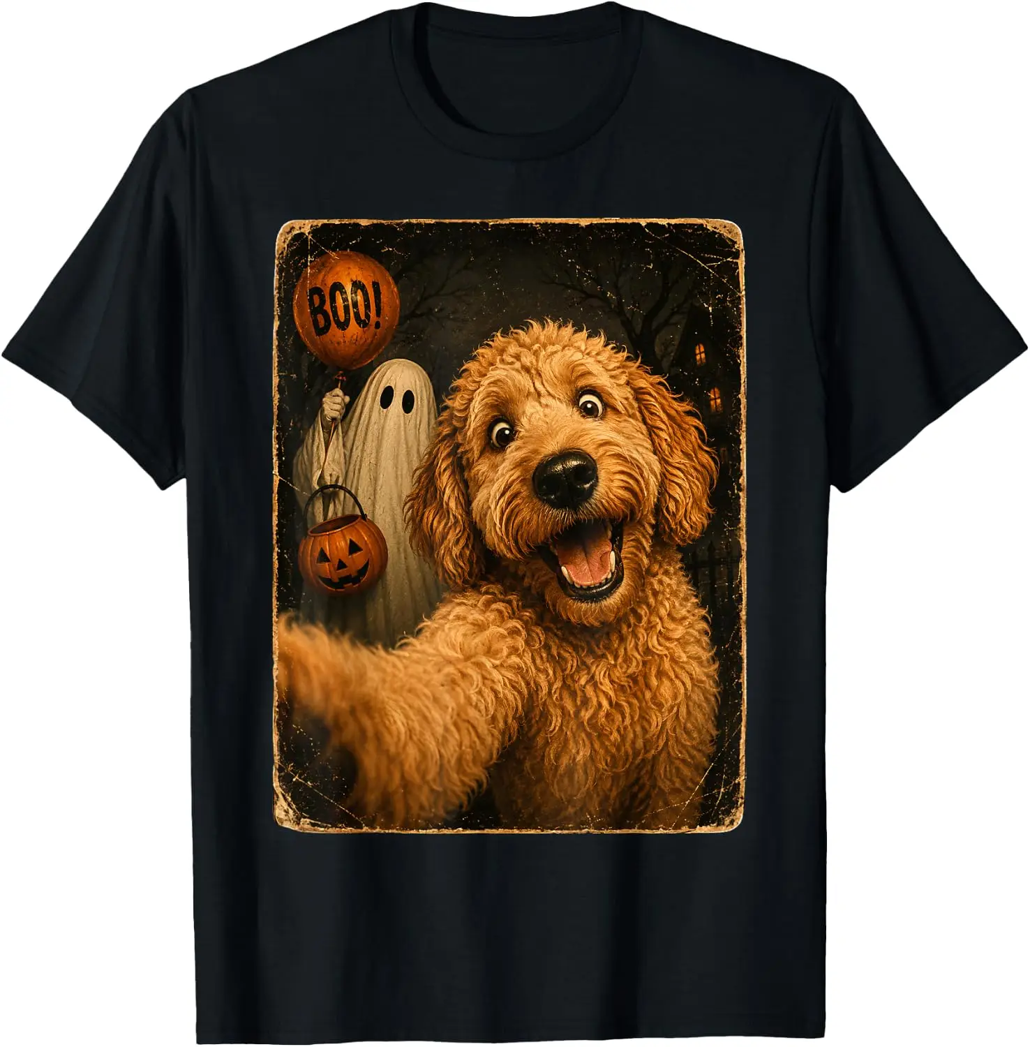 Funny Goldendoodle Halloween Selfie Ghost Boo-P Dog Retro T-Shirt Cute Halloween Pumpkin Short-Sleeve Tee: Fun, Breathable, Pure Cotton, Stylish—Perfect for Sports, Lounging, or Casual Wear.