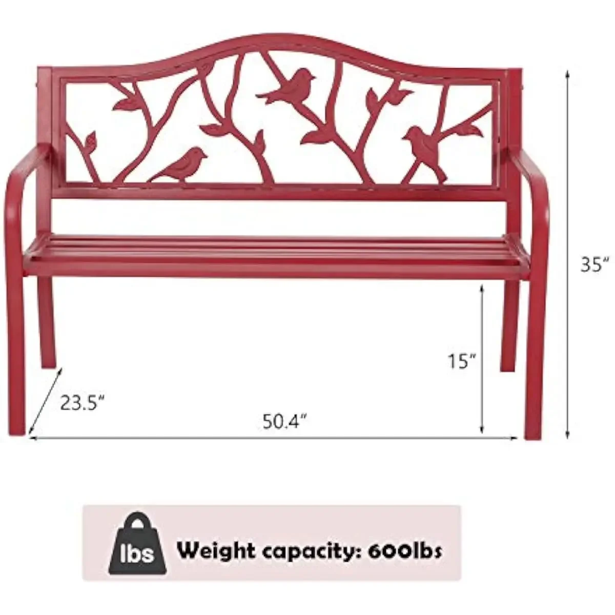 50 inch outdoor steel bench with rustic red bird motif backrest weatherproof e-coated alloy frame classic garden patio seating f