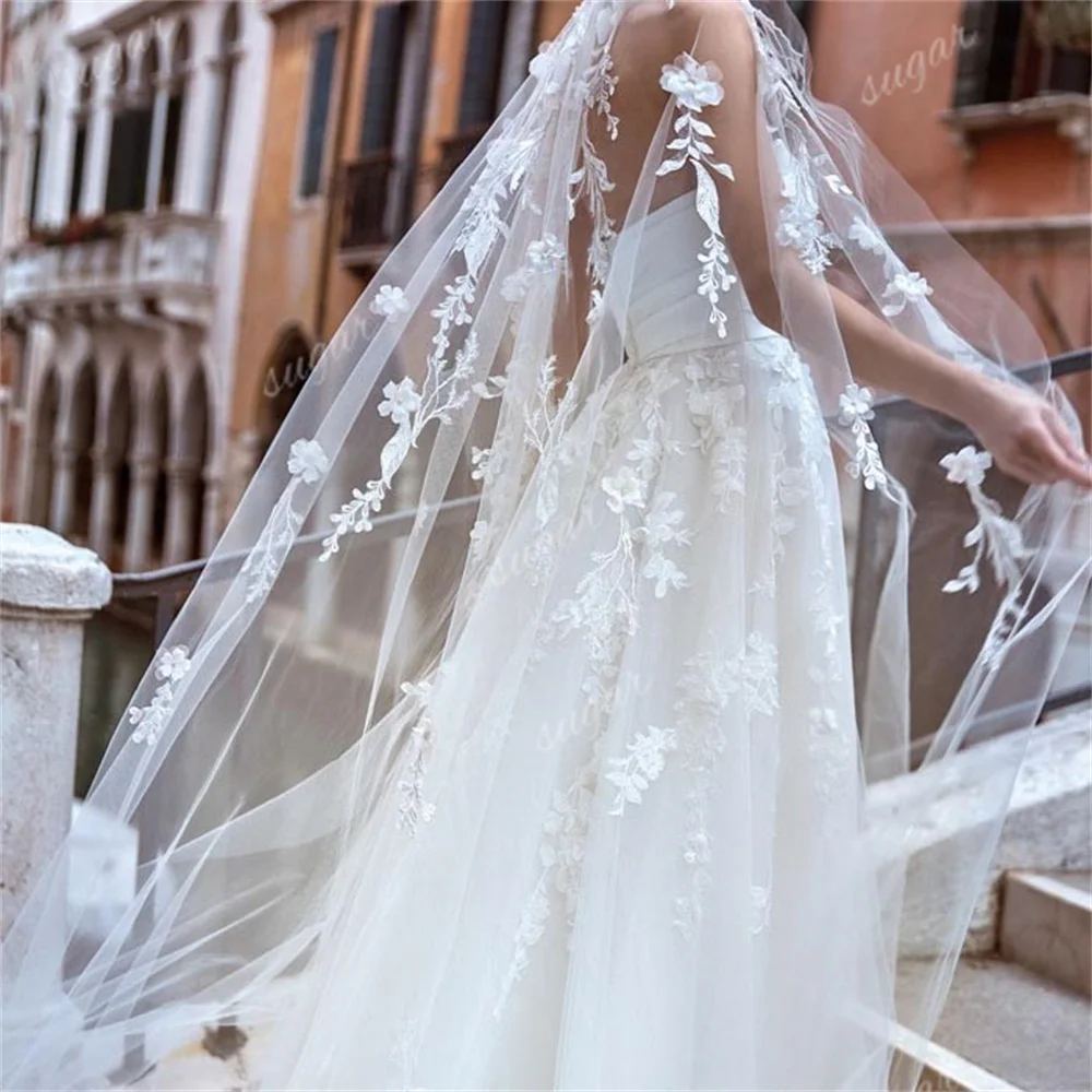 Fascinating Modern Strapless Women\'s Wedding Dresses Vintage Lace Appliques A Line Bride Gowns Tulle Sleeveless Robe De Mariée