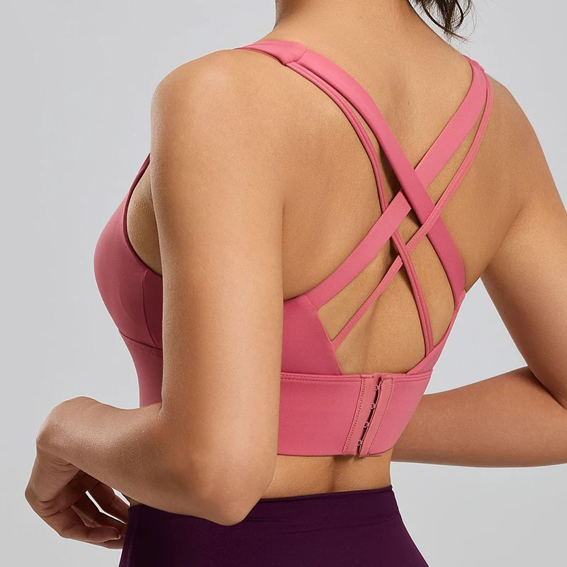 

High quality breathable Women fitness yoga bra solid color cross sports top yoga bra with chest cushion 82%Polyester 17%Spandex
