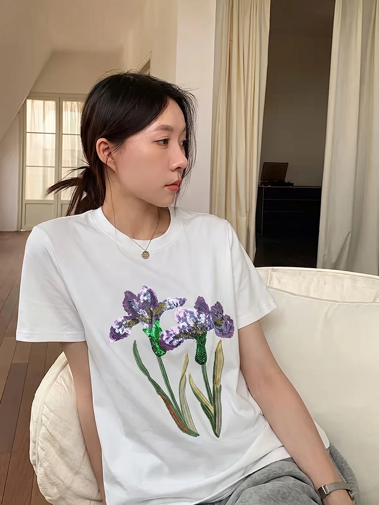Women's Summer Fashion Chic Urban Modern Embroidered White Short Sleeve T-Shirt Top