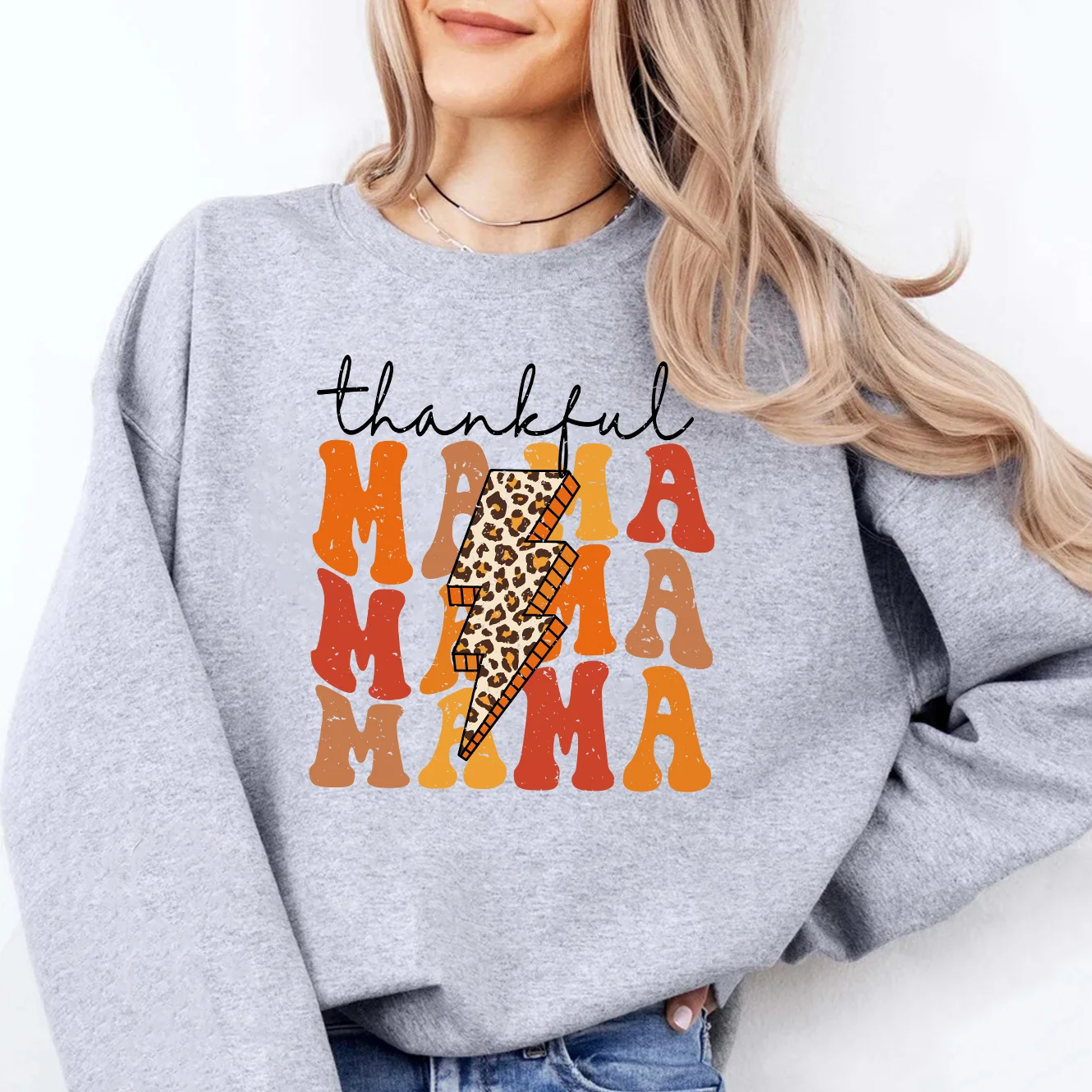 Thankful Mama Thanksgiving Retro Cheetah Leopard Bolt Autumn/Winter O-Neck Letter Printed Cotton Casual  Women Sweatshirts Long