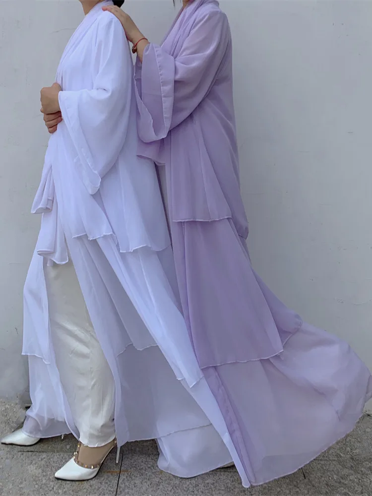 Ramadan Eid Djellaba Abaya Dubai Three-layer Soft Chiffon Muslim Dress Abaya Dubai Turkey Muslim Islam Abayas With Belt WY660