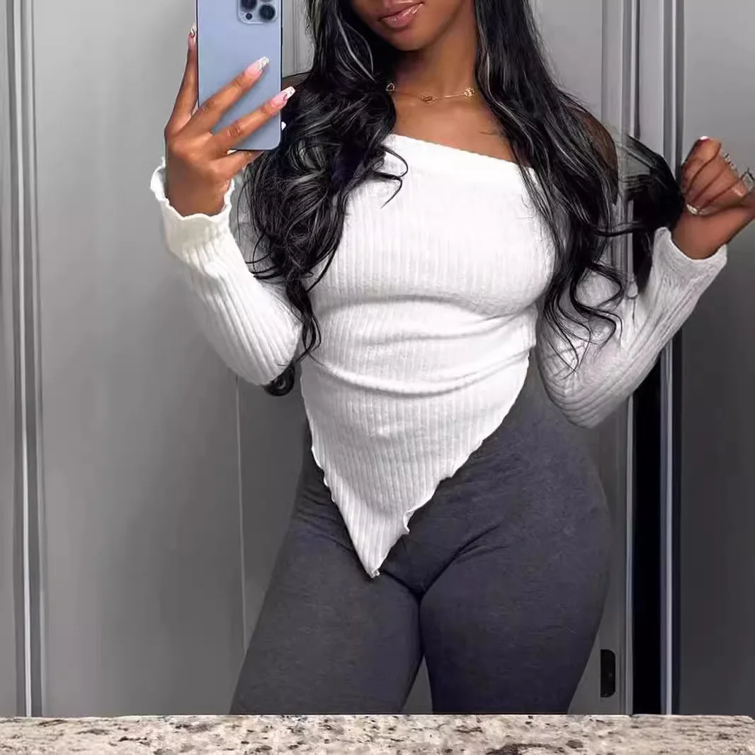 

High Street Irregular Short T Shirt Long Sleeve Slash Neck Knitted Tops Women Clothes Soild Bodycon Crop Top Chic Lady Knitwear