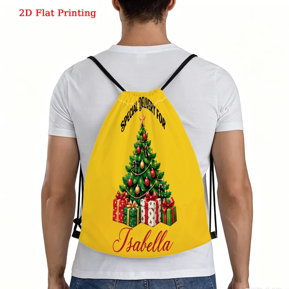Custom 2D Print Drawstring Backpack, Christmas Tree & Name Design, Gym Sports Bag, Outdoor Travel